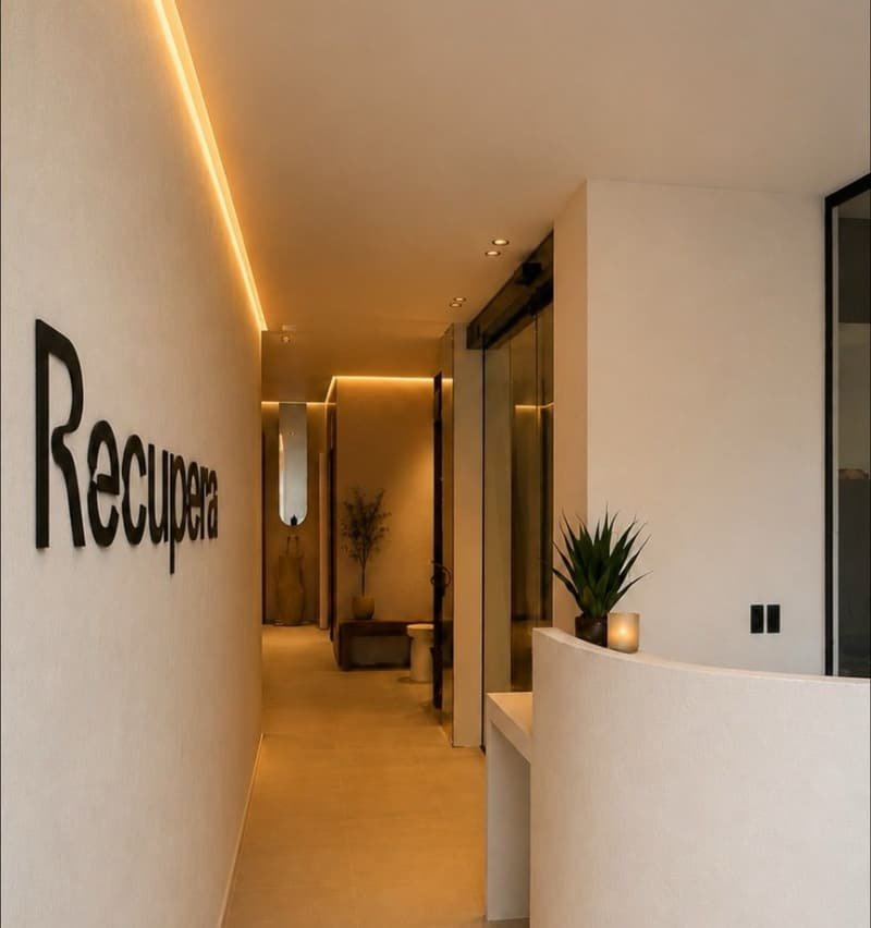 Recepción de Recupera Santander, con el logotipo en la pared y el pasillo iluminado